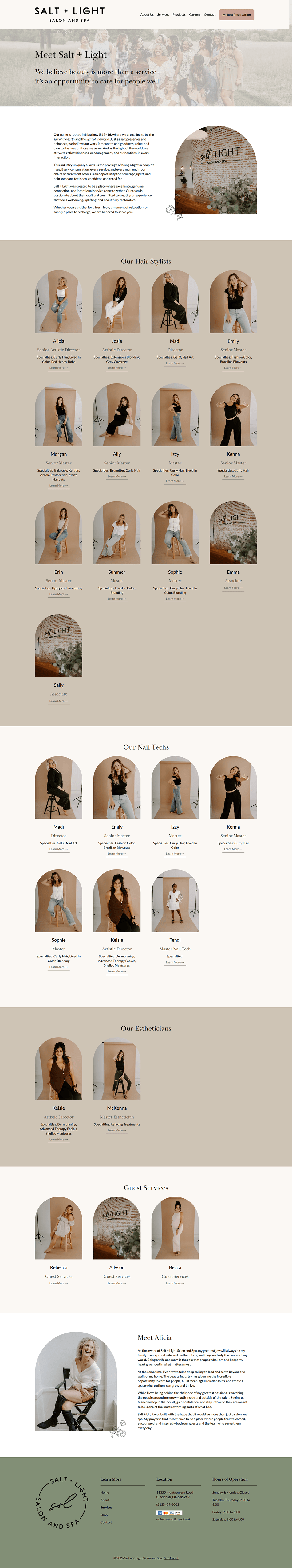 Updated salon team page with clean design, stylist bios, service levels, and easy navigation.