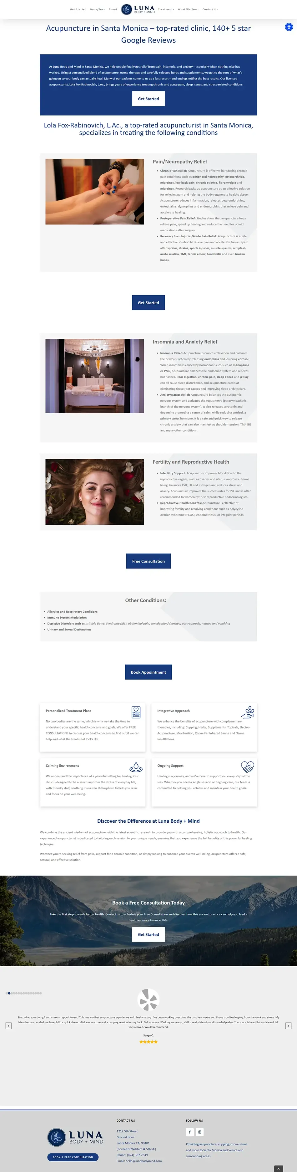 Original acupuncture service page for Luna Body and Mind with minimal structure and duplicate content before redesign.