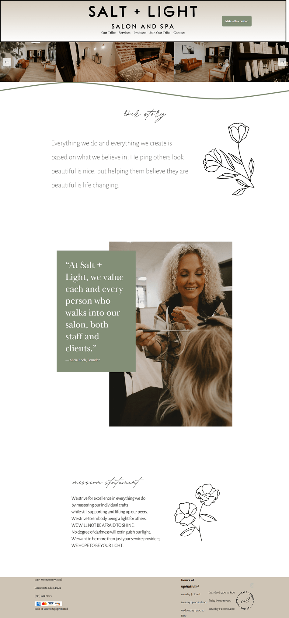 Before screenshot of salon website homepage with outdated design and limited visual impact.