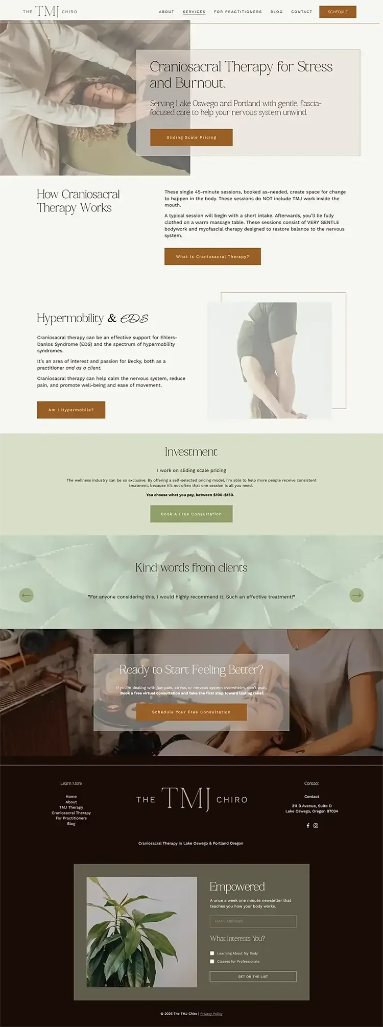 Updated craniosacral therapy page after Squarespace website refresh highlighting gentle care and SEO-focused content