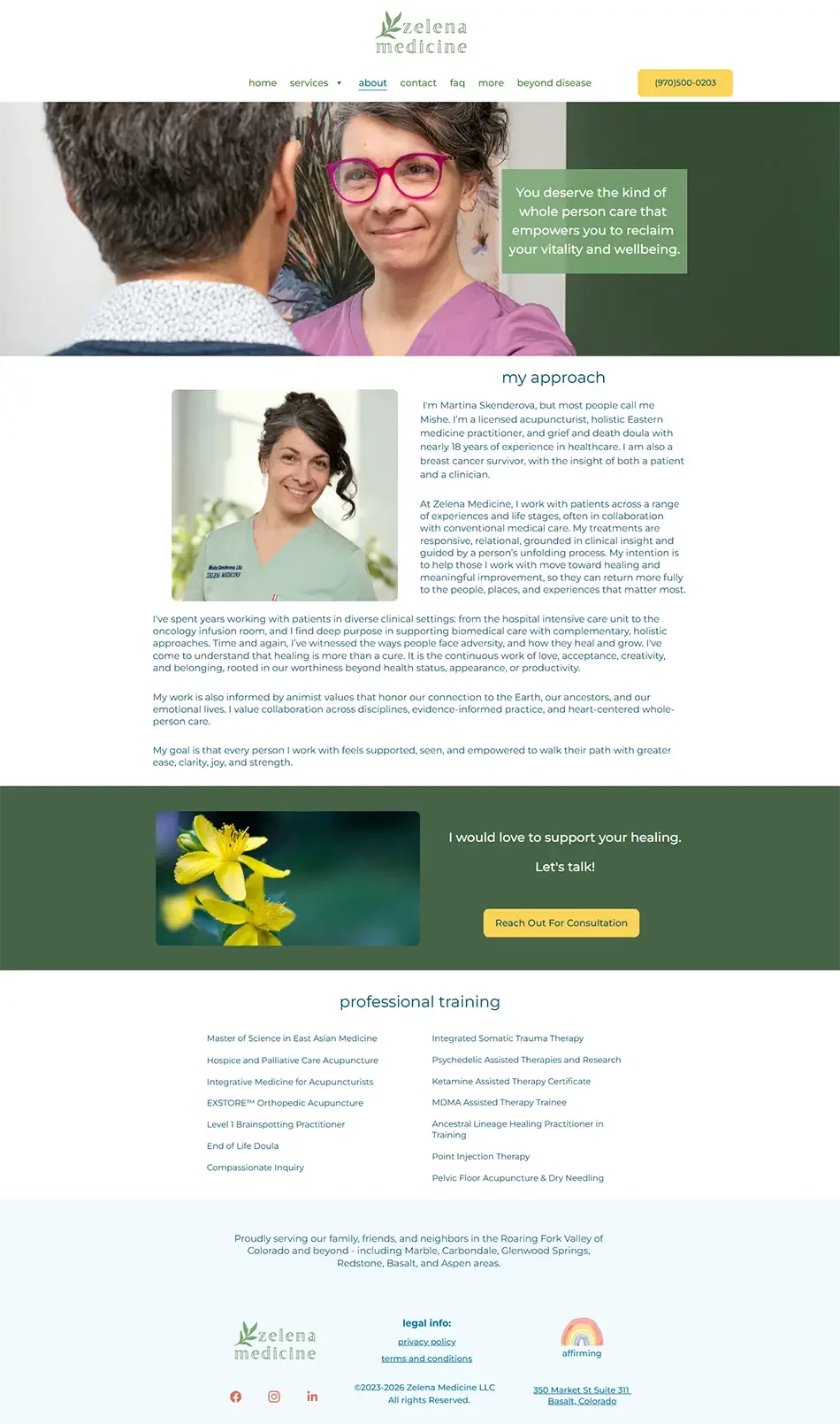 Before screenshot of About page with cluttered content and outdated design for acupuncture practice website.