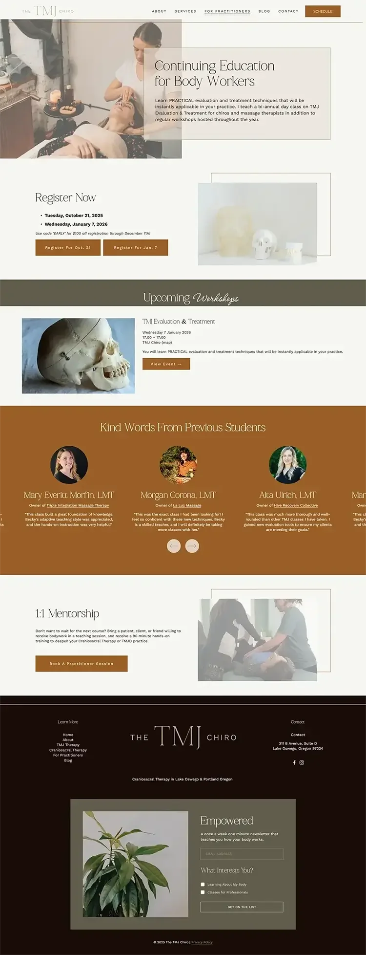 Strategic Squarespace redesign of For Practitioners page with tan palette and improved layout for chiropractor website