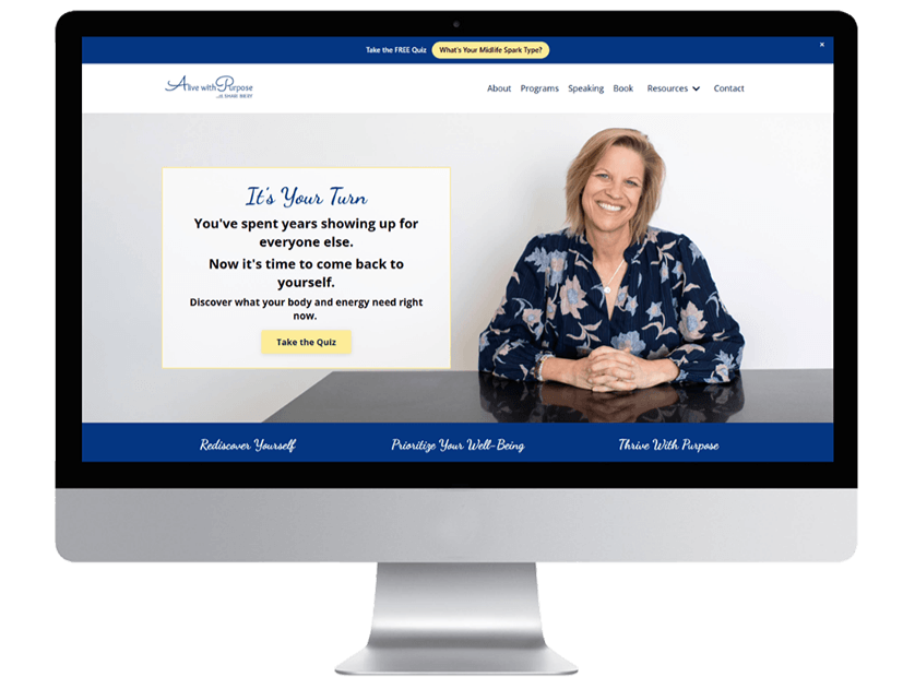 Health and wellness coach website design preview in Kajabi with a clean blue and yellow brand and approachable layout.