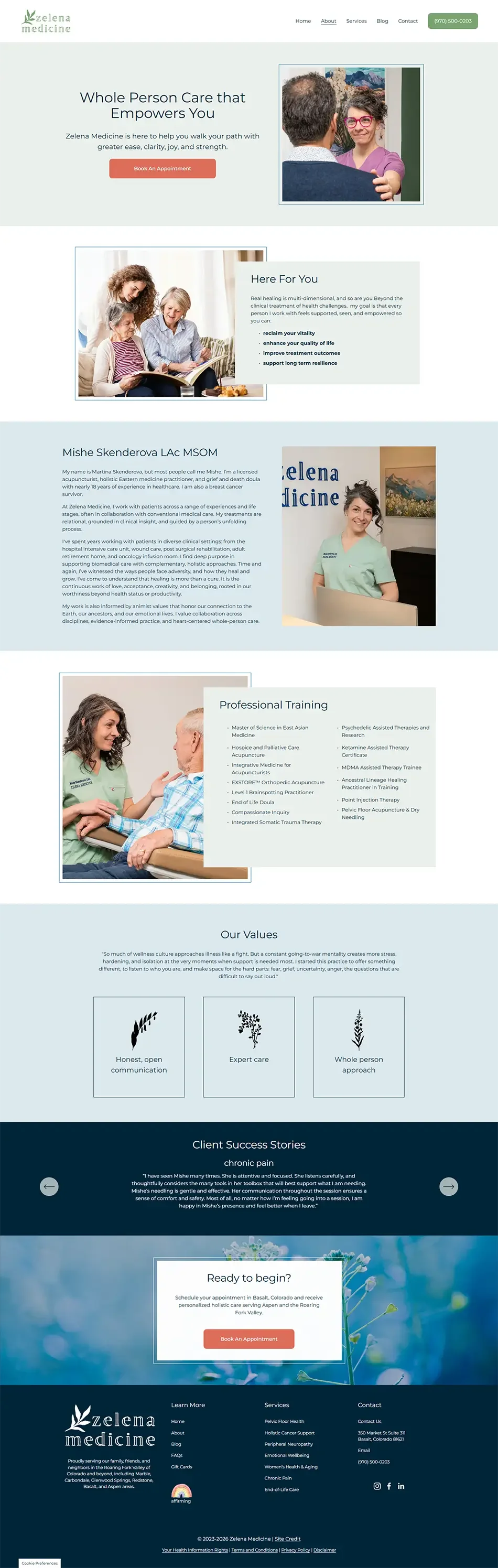 Updated About page for acupuncture website design with grounded branding, calming colors, and improved readability.