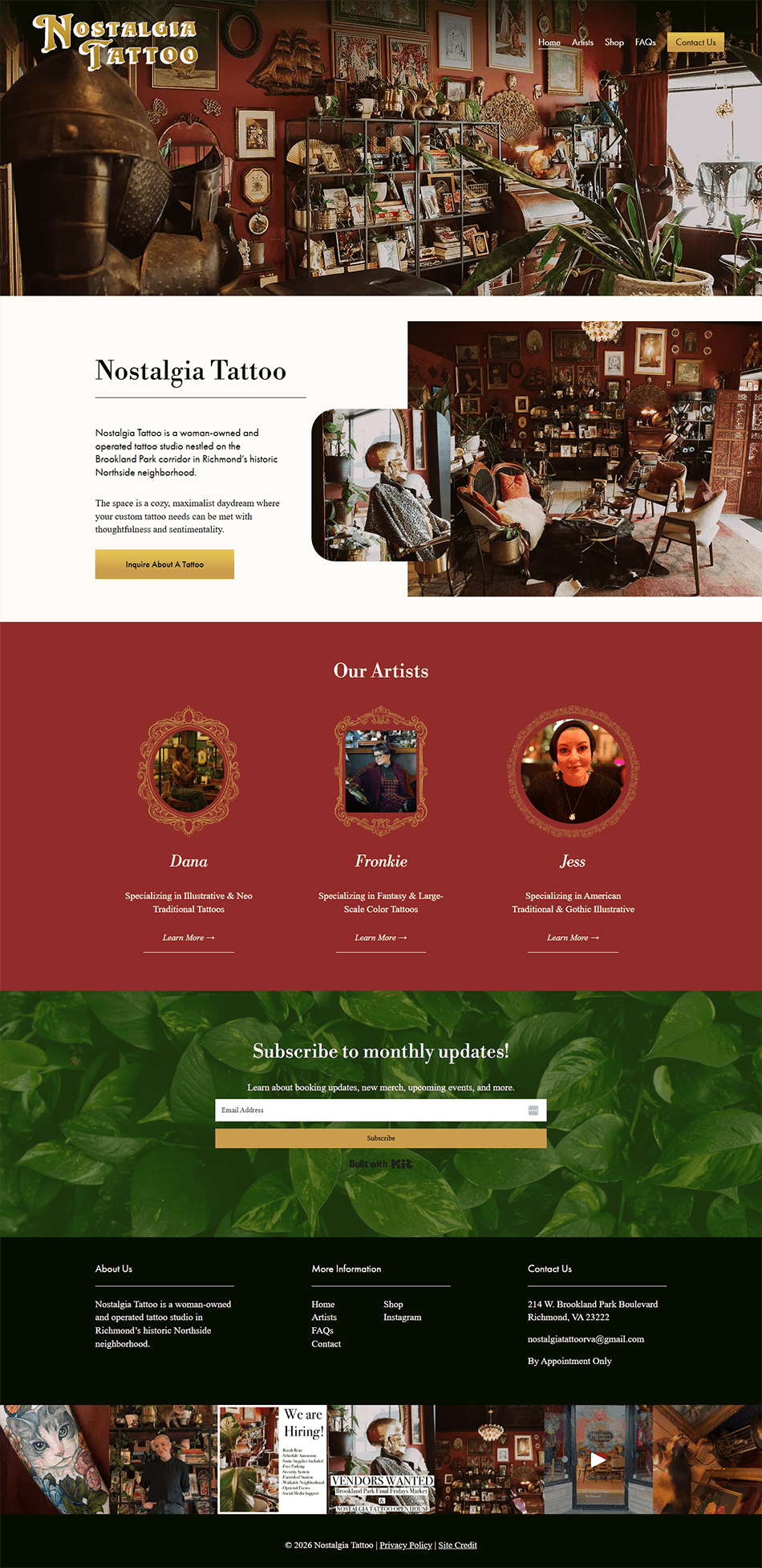 Custom Squarespace tattoo studio homepage with curated portfolio visuals, bold branding, and clear booking calls to action.