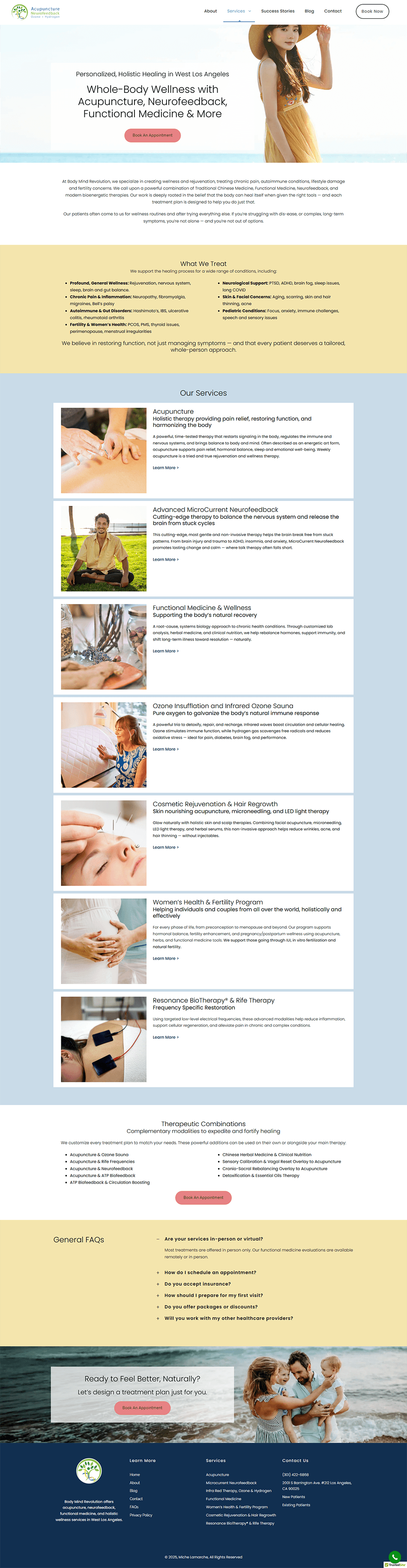 Services page for WordPress clinic website design showcasing acupuncture, functional medicine, ozone therapy, and wellness treatments.