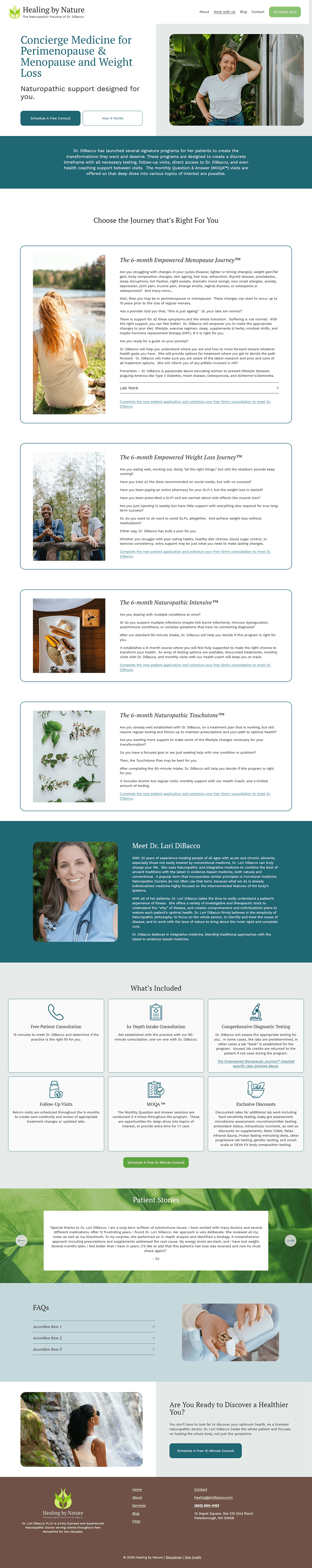 Refreshed naturopathic services page with organized treatment information, bright blue and green branding, and clear ways to learn more about care.