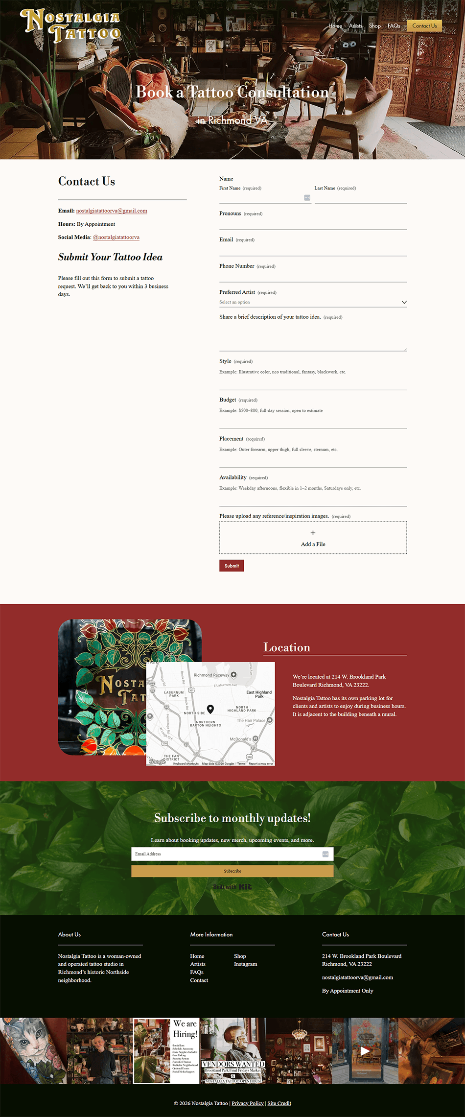 Tattoo studio contact page with inquiry form, booking details, and elegant burgundy and gold website branding.