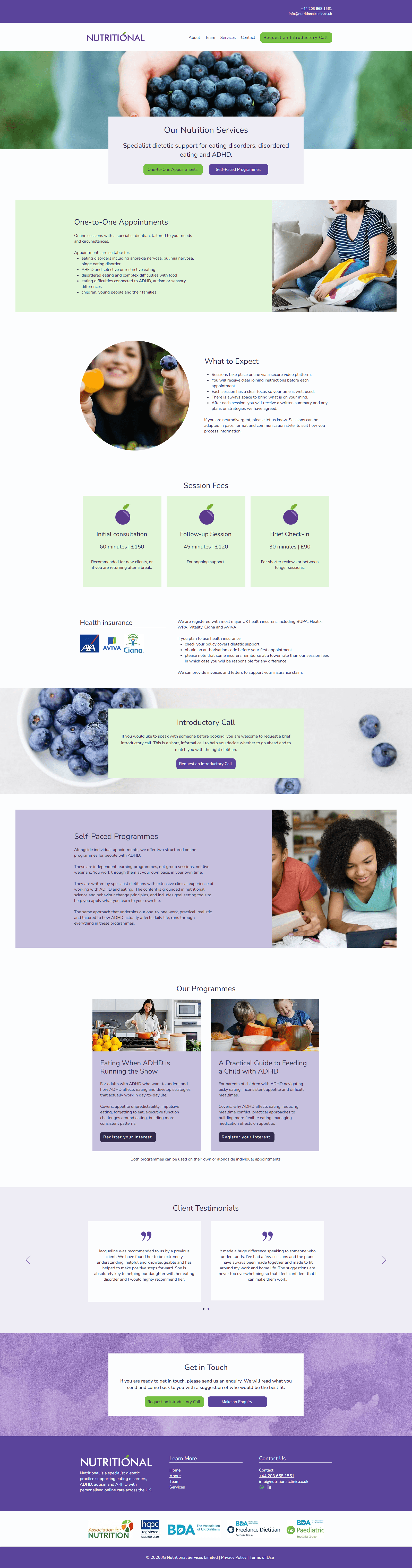 Refreshed services page with organized nutrition counseling information, simplified navigation, and accessible website design.