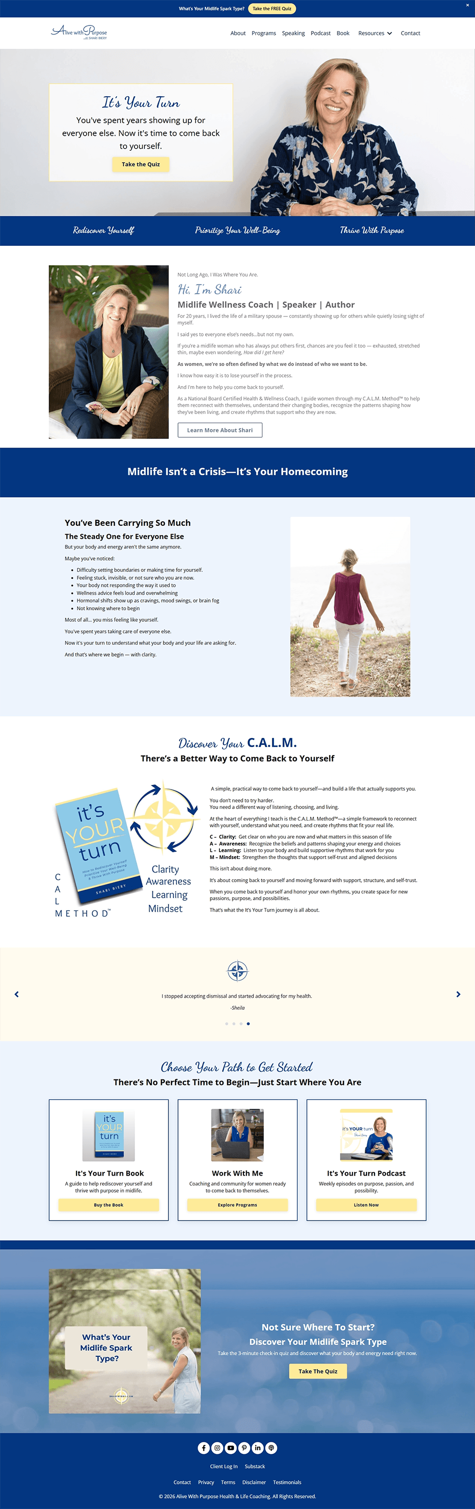 Refreshed Kajabi homepage for a life coach with clear messaging, simple navigation, and blue and yellow branding.