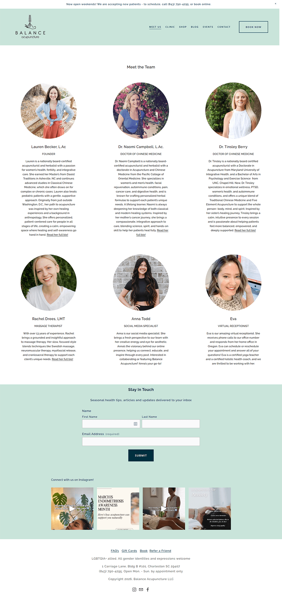Before screenshot of About page for acupuncture clinic website with cluttered content and limited visual hierarchy.