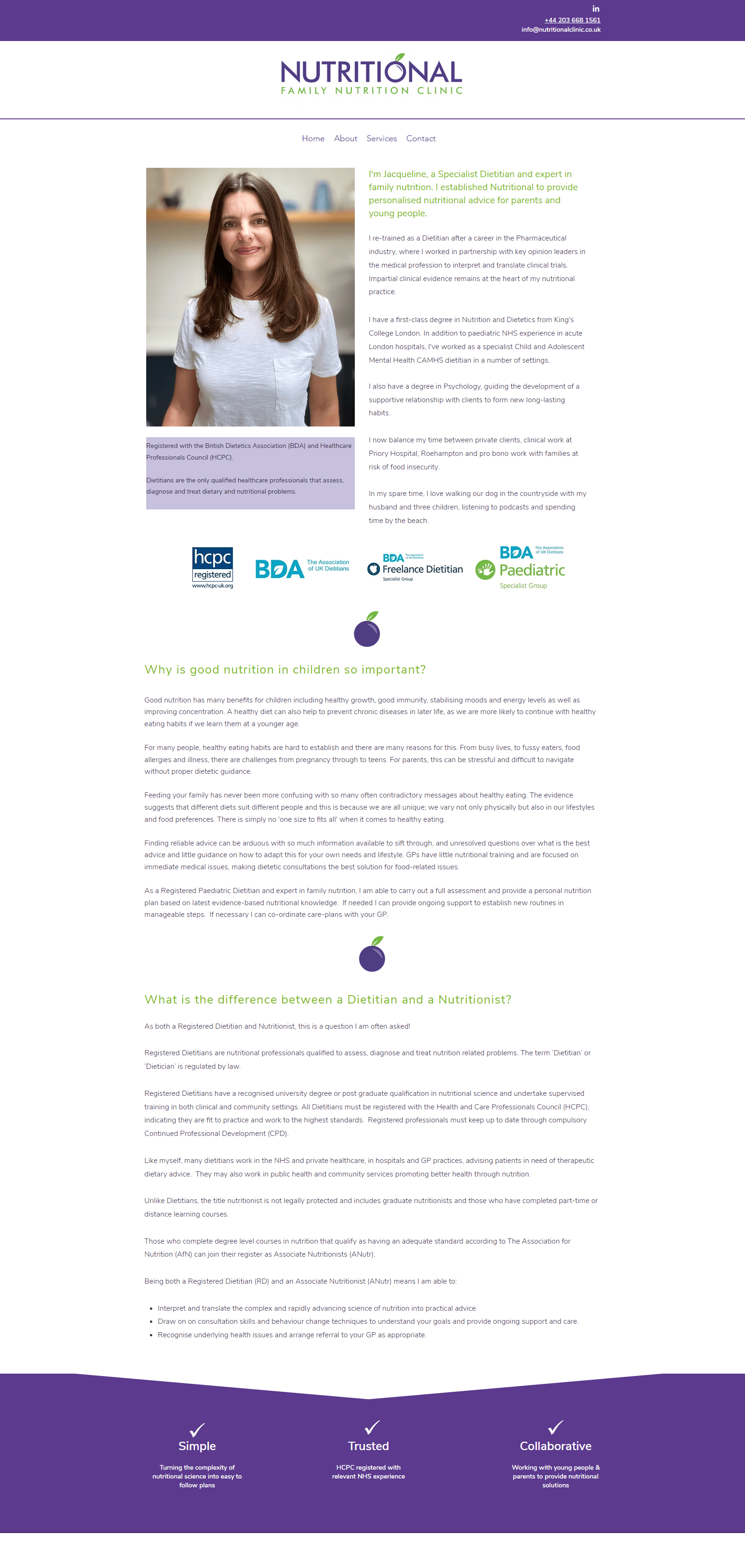 Before screenshot of About page with dense text and limited structure for nutrition counseling website.