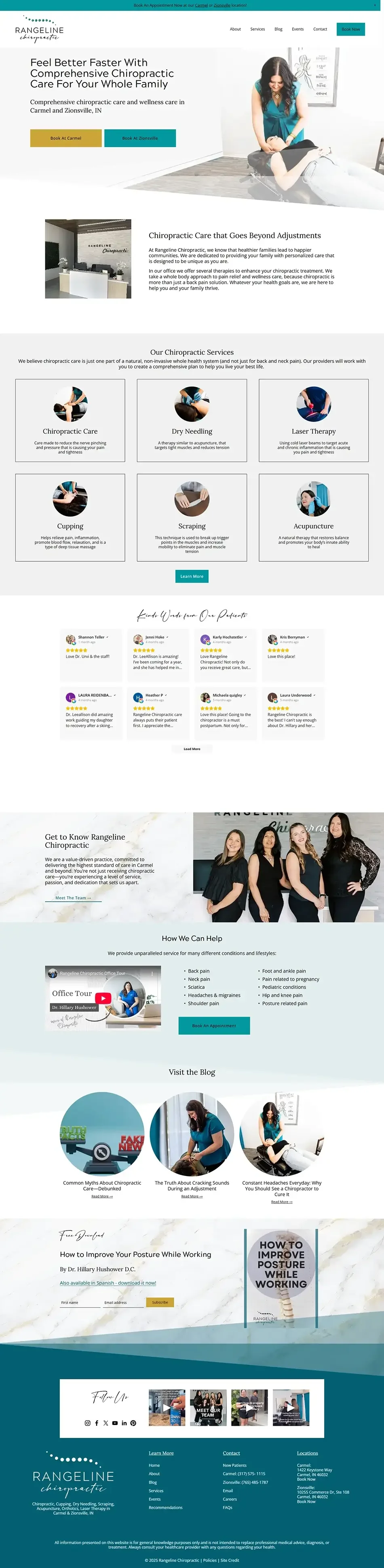 Redesigned Squarespace home page for Rangeline Chiropractic featuring bold CTAs and simplified layout