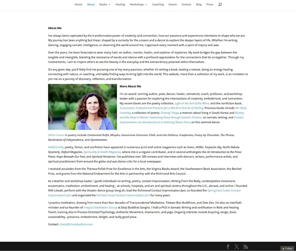 Original About page of author website before refresh, showing cluttered layout and outdated formatting