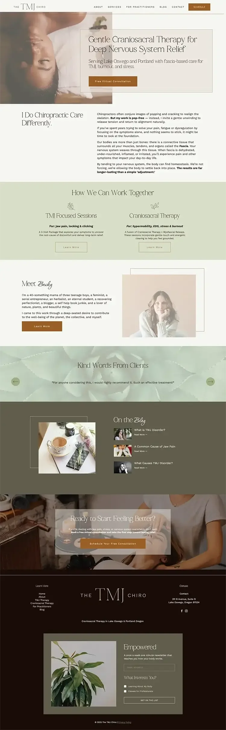 Refreshed Squarespace chiropractor website homepage with tan tones, calm design, and SEO improvements