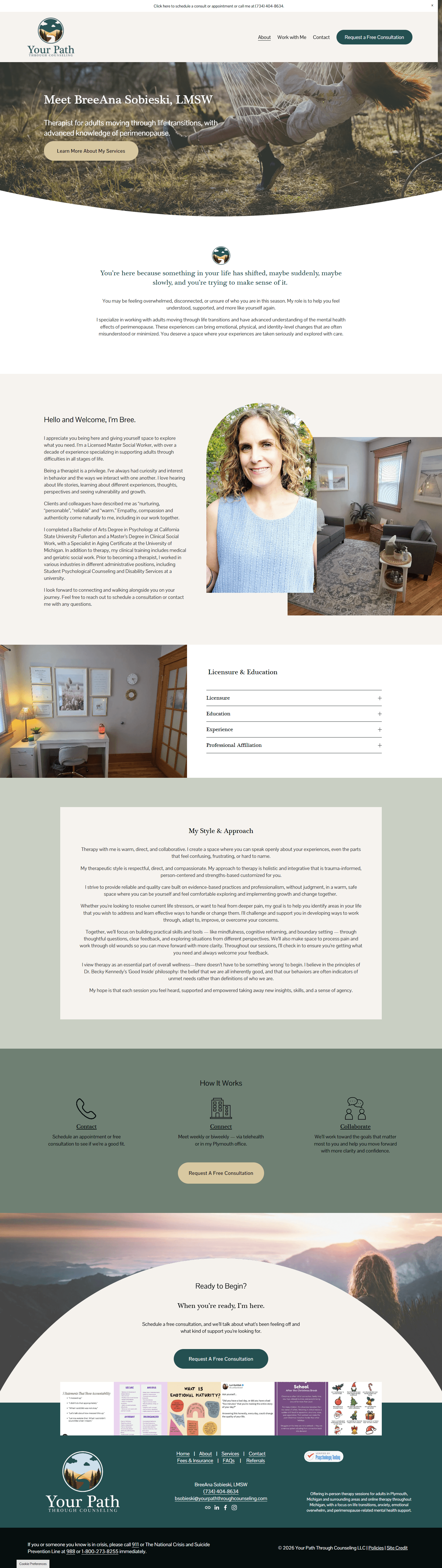 Updated therapist About page with an approachable layout, natural design, and easy-to-read information about the practice.