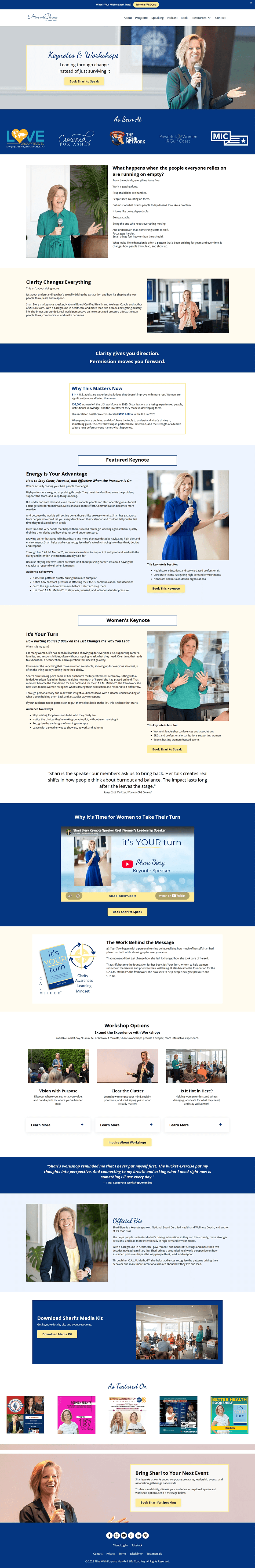Refreshed speaking page for a life coach with clear information, professional layout, and cohesive blue and yellow branding.
