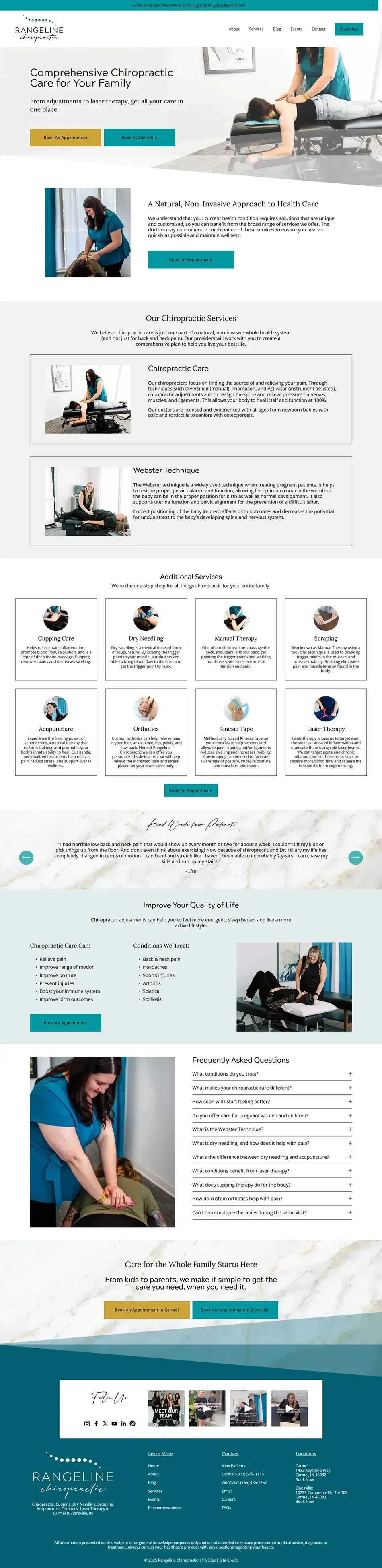 Custom-designed services page clearly outlining chiropractic care, cupping, dry needling, and more