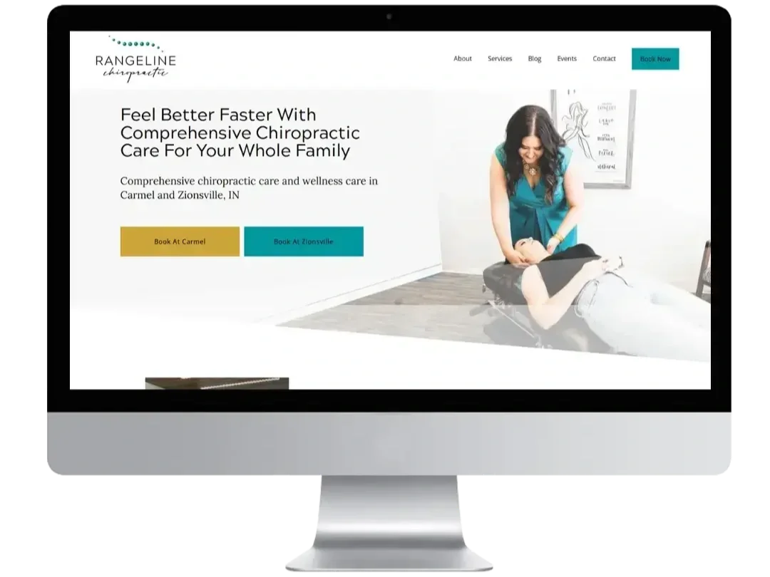 Screenshot preview of the Rangeline Chiropractic website with an upscale, elegant design in teal, navy, and gold