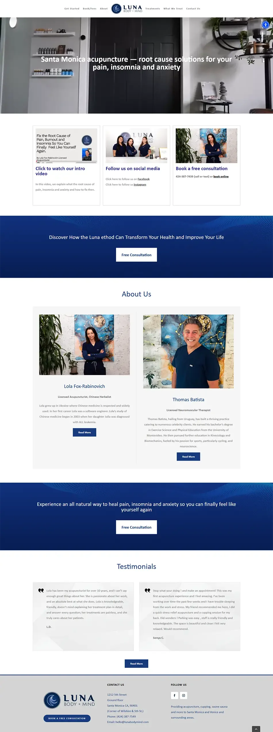 Screenshot of the previous Luna Body and Mind acupuncture website with cluttered navigation and outdated design before the WordPress refresh.