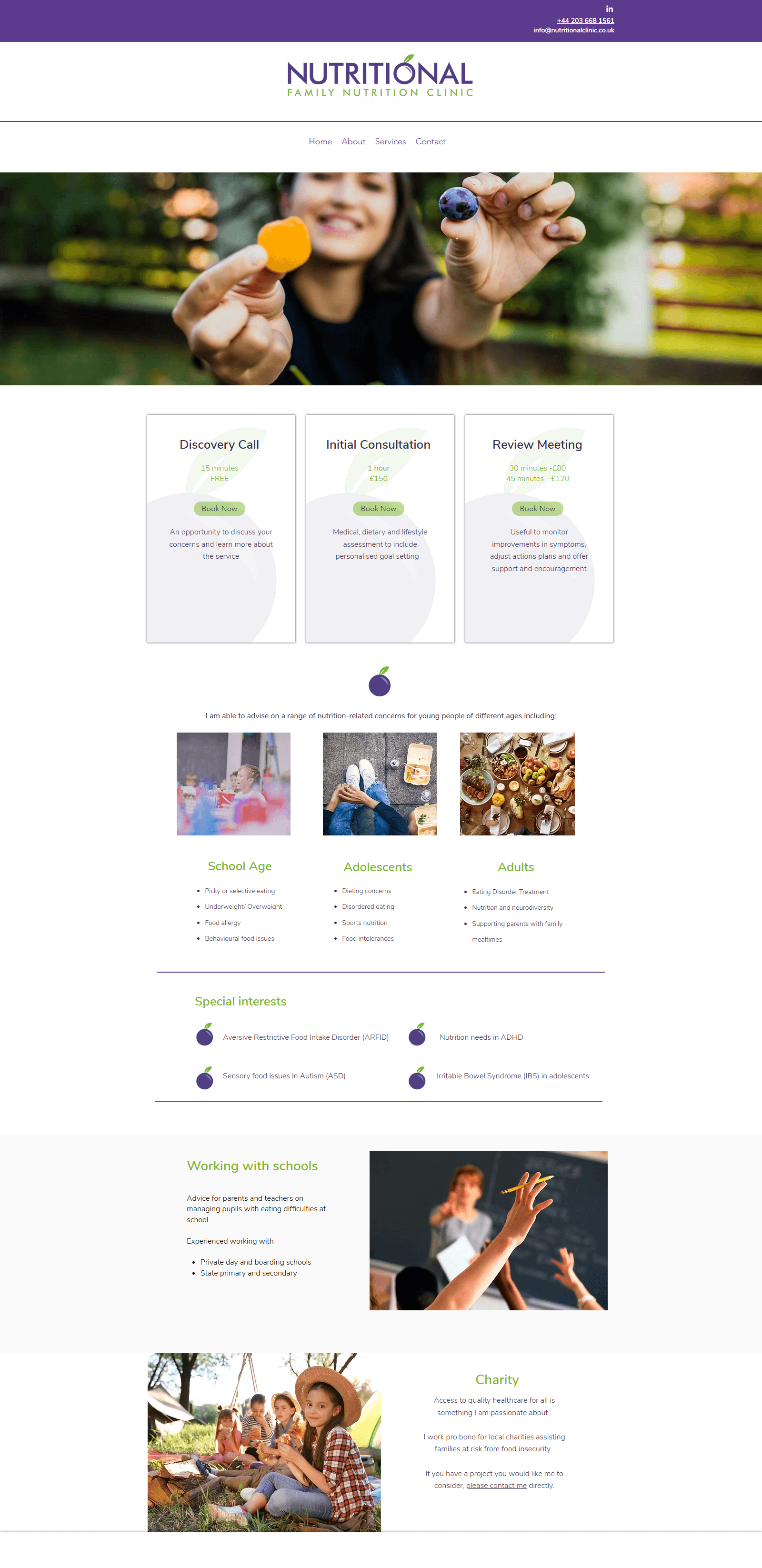 Before screenshot of nutrition counseling services page with difficult-to-scan information and outdated design.