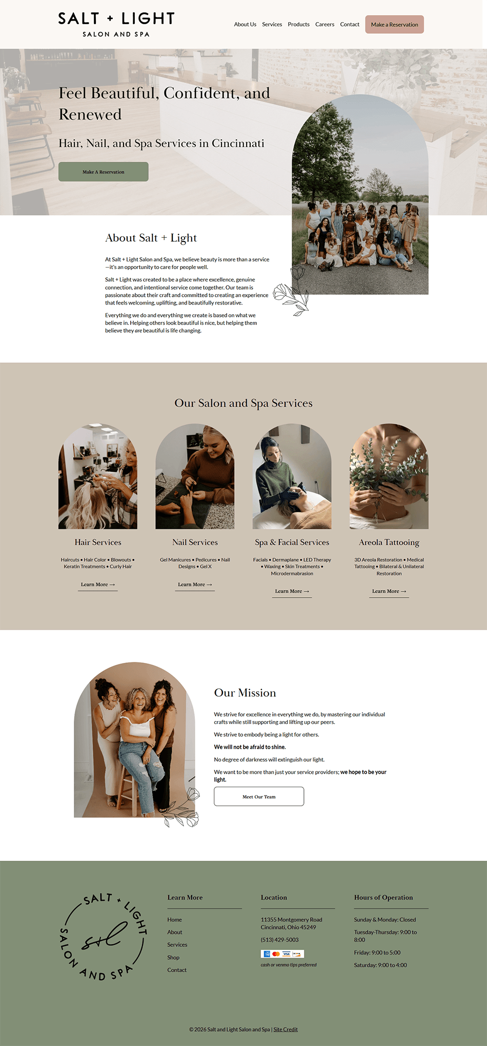 Refreshed Squarespace salon website homepage with elevated branding, clean layout, and sage, cream, and rose colors.