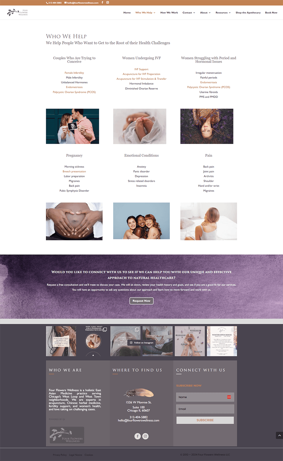 Before screenshot of general services page with cluttered layout and unclear user journey for wellness website visitors.
