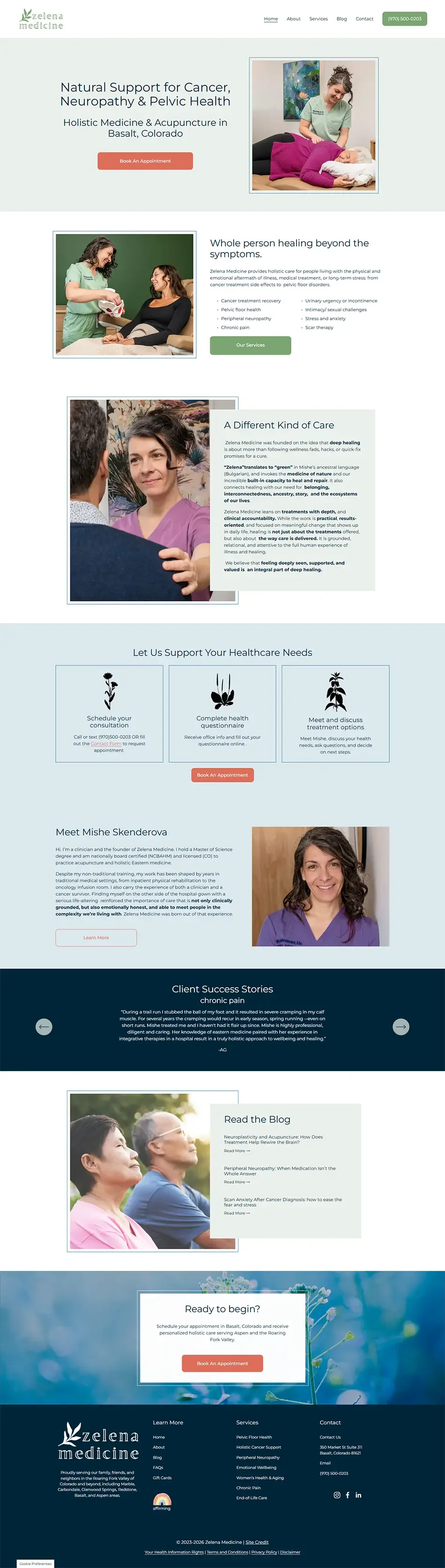 Refreshed Squarespace acupuncture homepage with warm natural branding, playful details, and improved client-focused layout.