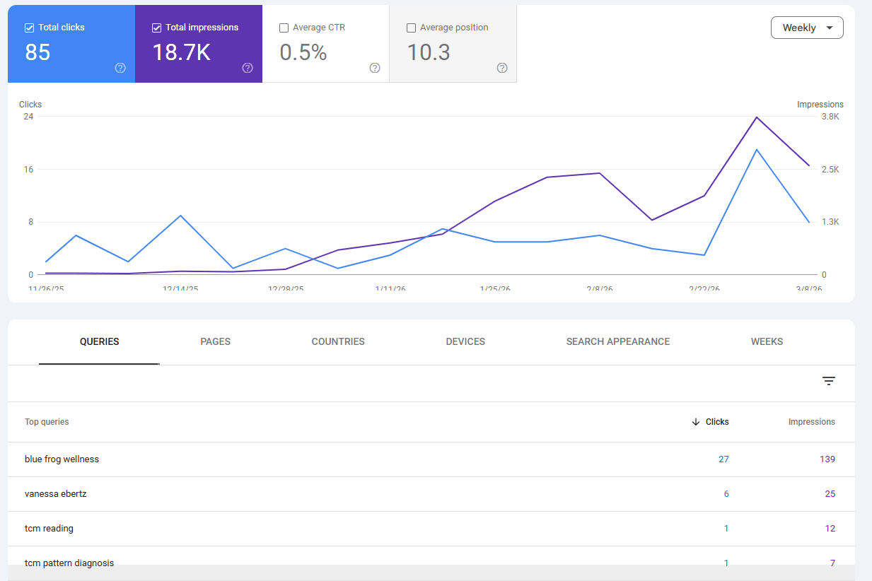 Search query growth chart showing improved visibility after Elementor acupuncture website design refresh and SEO updates.