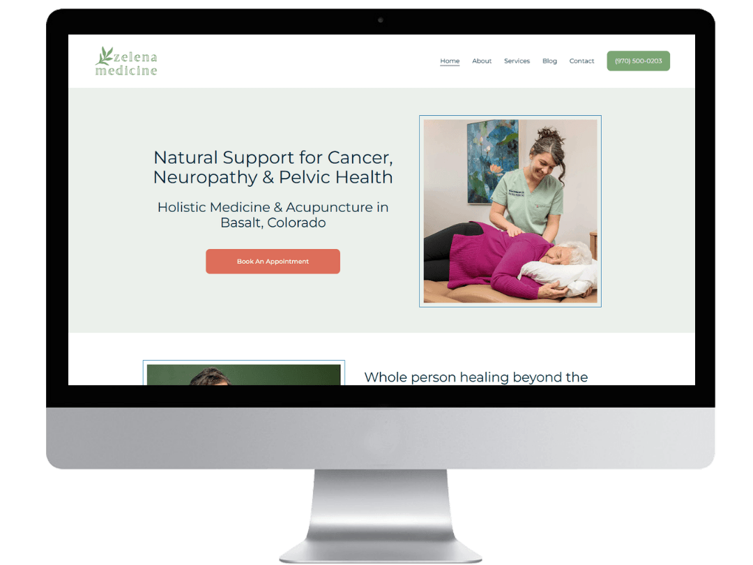 Squarespace acupuncture website design preview with grounded, calm branding in green, light blue, and white.