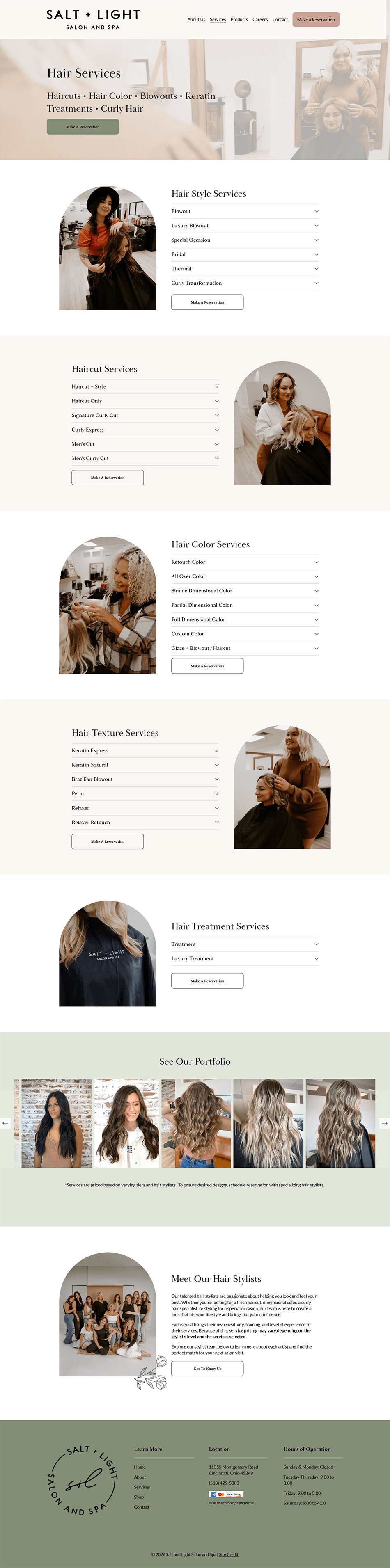 Updated hair services page for salon website design with clear pricing, service details, and natural elevated branding.