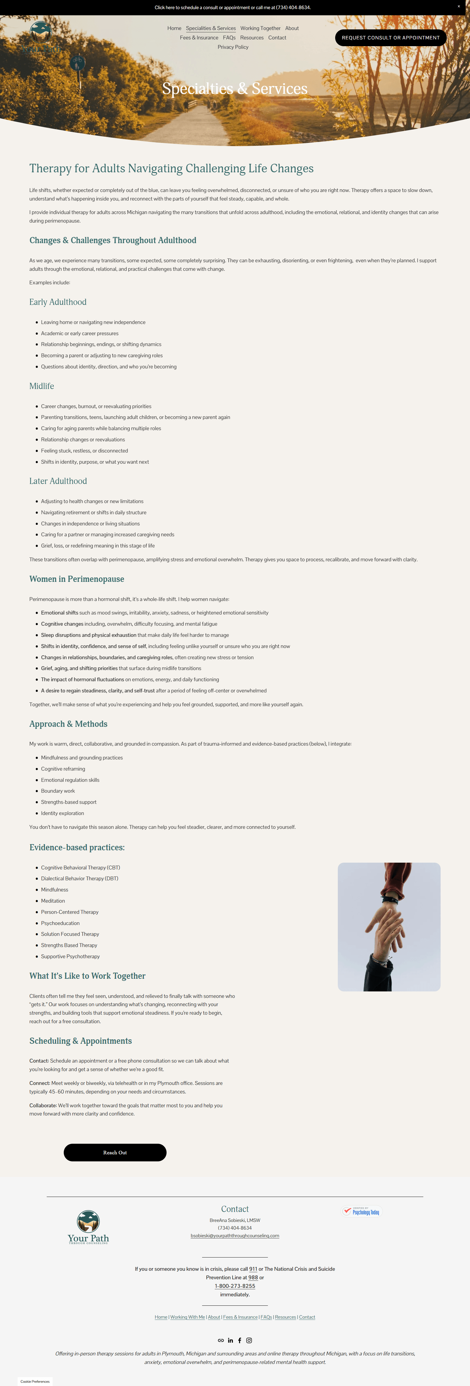 Before screenshot of a therapy services page with the original Squarespace website design.