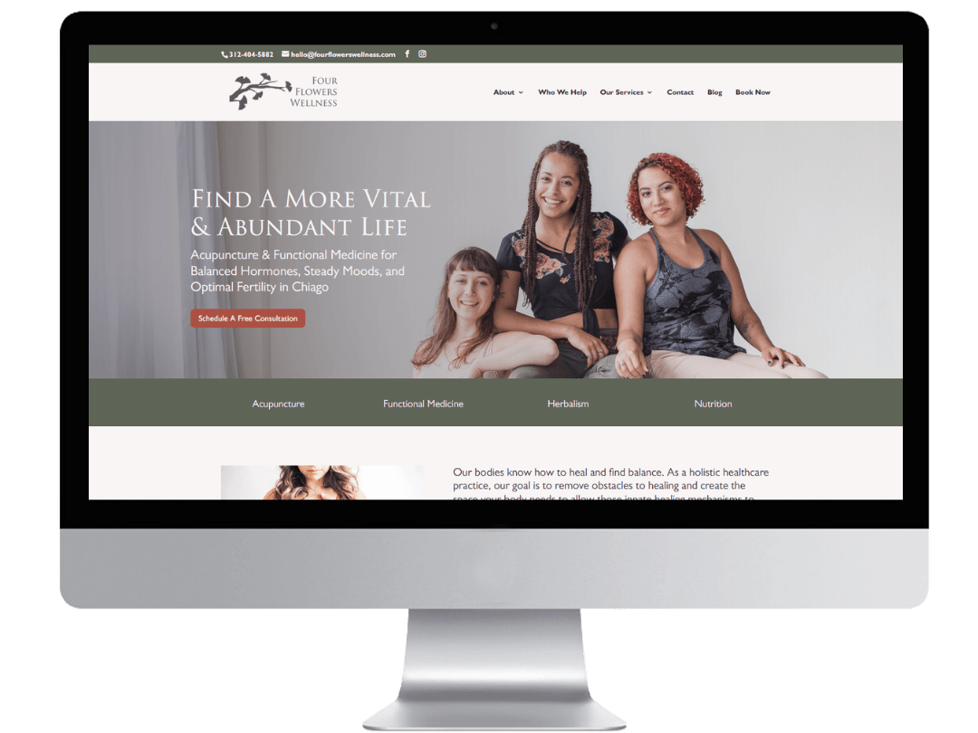 Functional medicine website design homepage for an acupuncture and wellness practice with a simple natural layout in purple, terracotta, green, and cream.