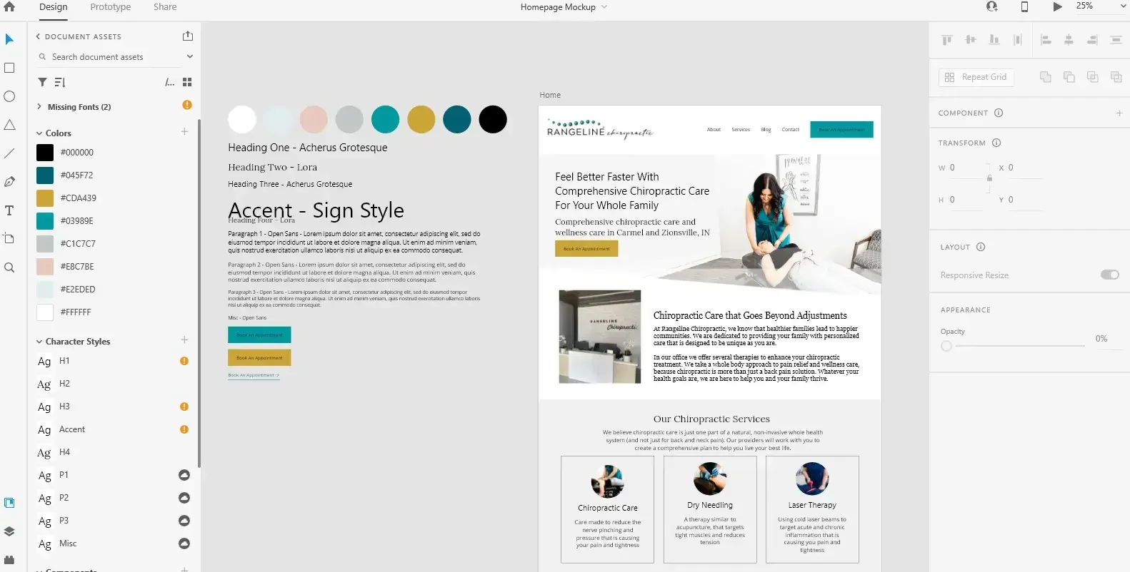 Adobe XD mockup showing layout of a custom Squarespace website for a multi-location chiropractic practice