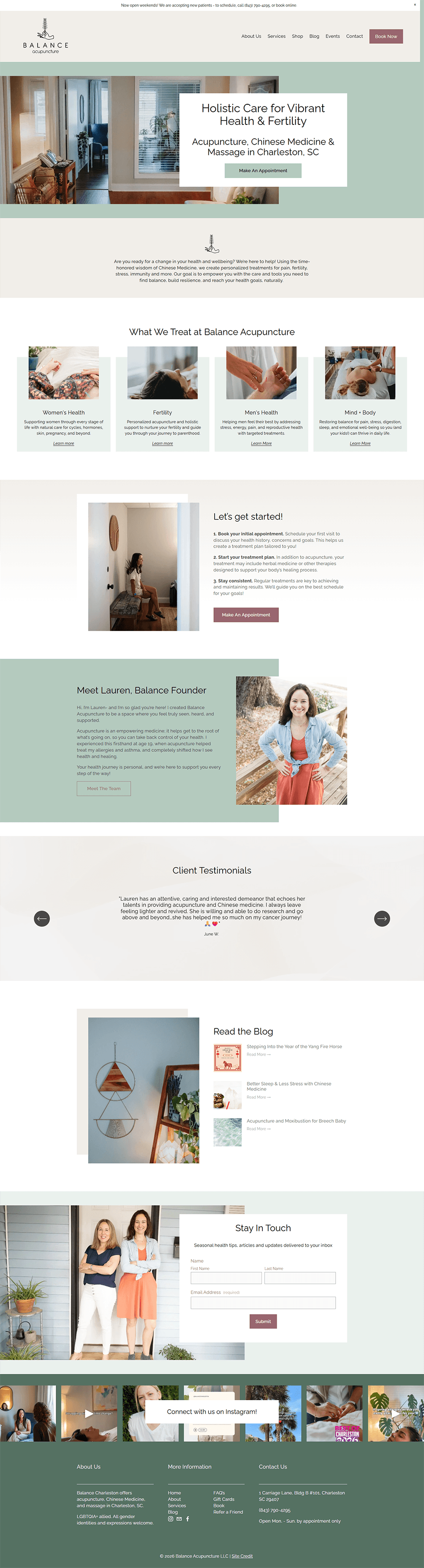 Refreshed Squarespace acupuncture homepage with calm branding, modern design, and clear navigation for local clients.