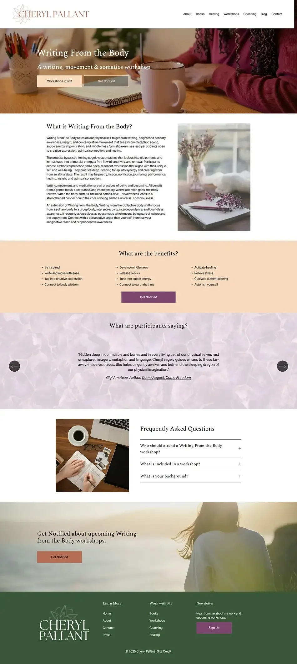 Redesigned Squarespace workshop page for energy healer and author, with organized layout and booking info