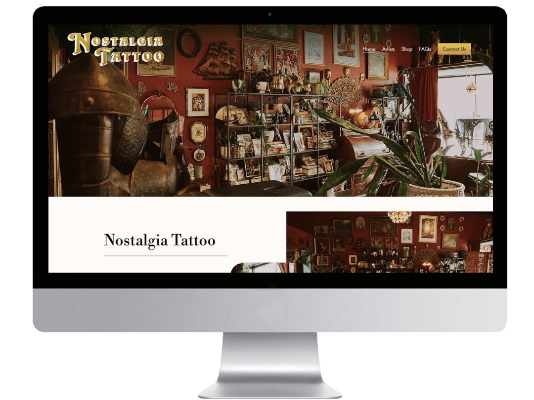 Custom tattoo studio website design homepage for a Richmond studio featuring nostalgic branding in burgundy, dark green, and gold with a curated vintage-inspired layout.