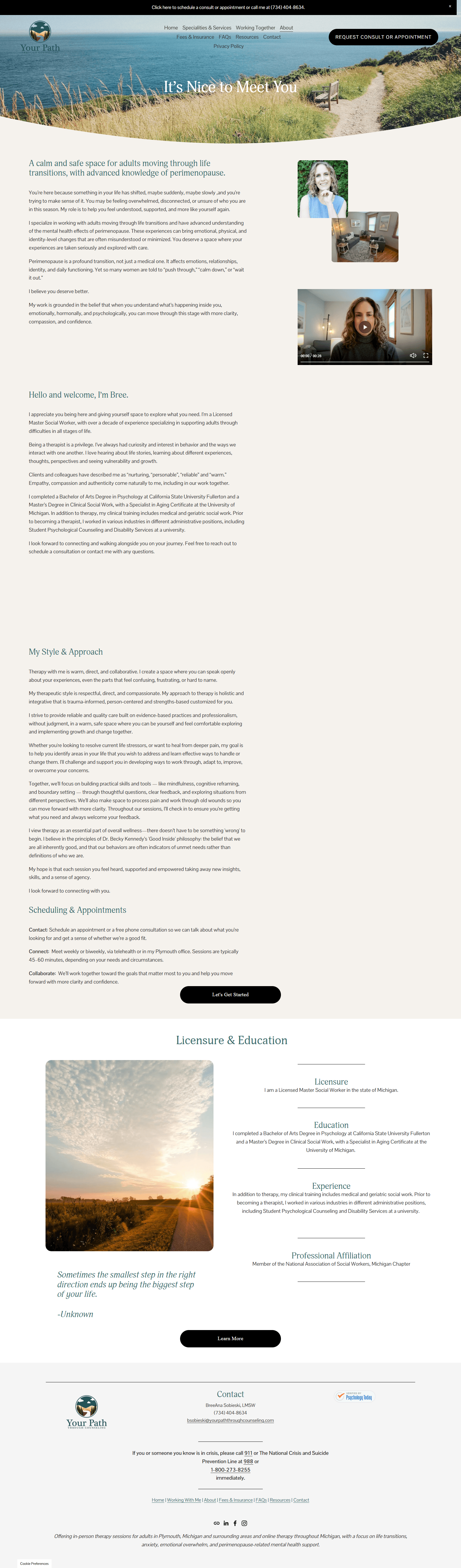 Before screenshot of a therapy practice About page prior to the website design refresh.