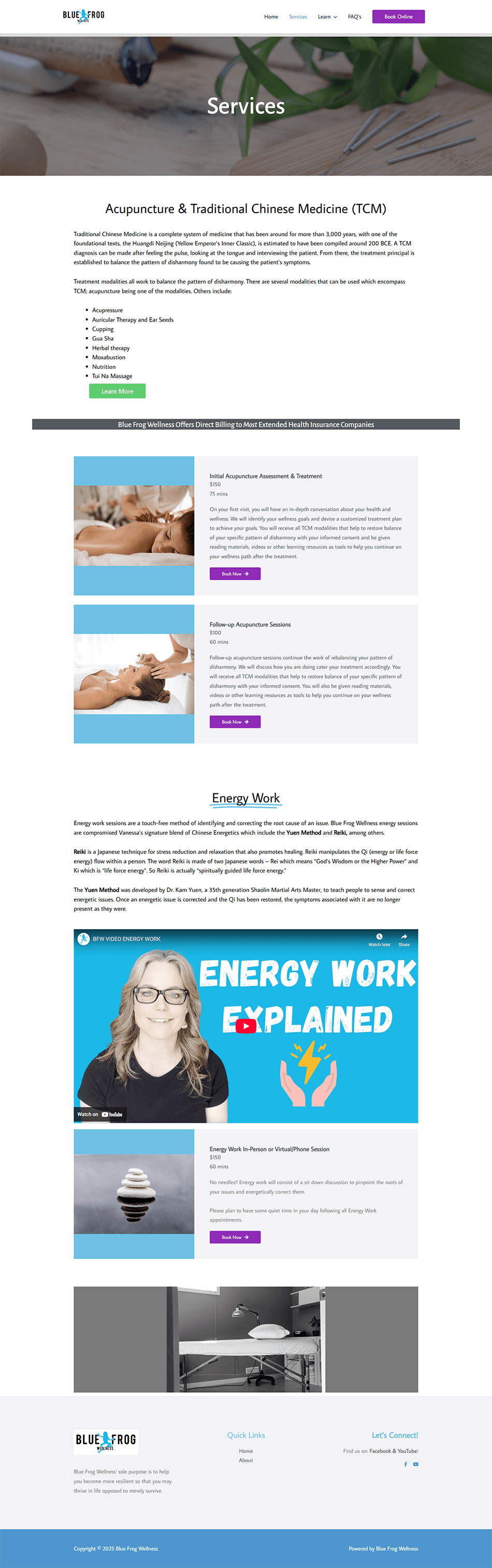 Before screenshot of acupuncture services page with unclear messaging and outdated Elementor website layout.