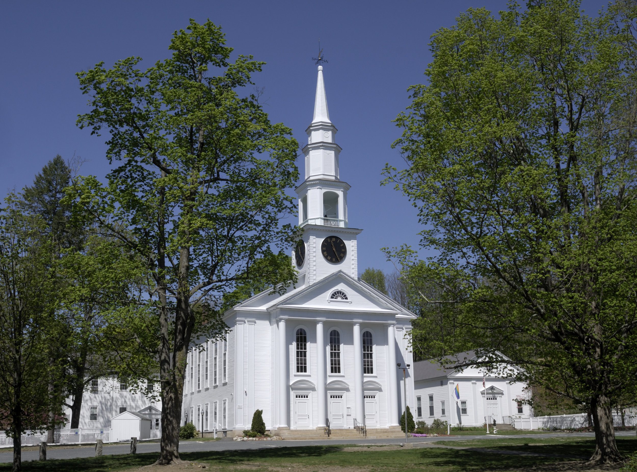 Traditional White Steeple Church in New England