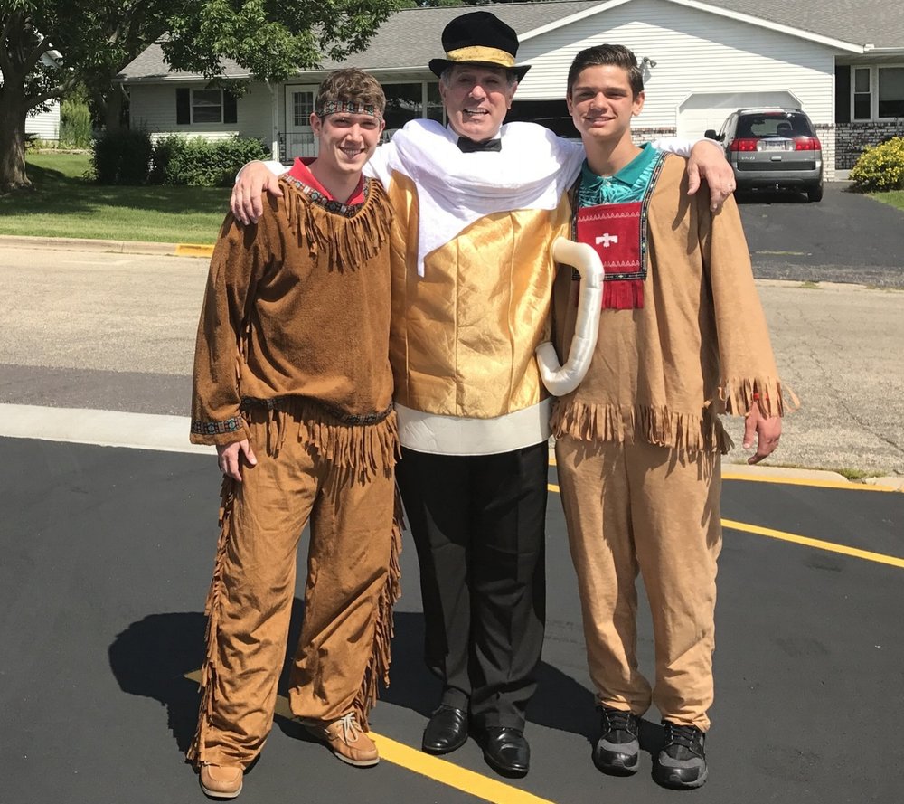 JD and Brendan dressed as Native Americans and Joe as beer
