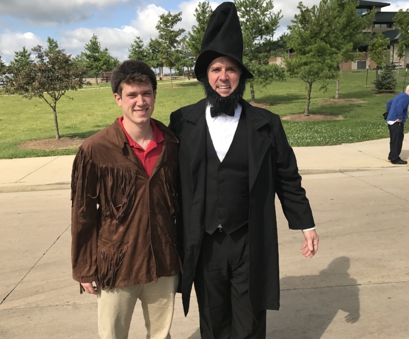 Costume Clue: Joe as Abraham Lincoln & JD as Davy Crockett