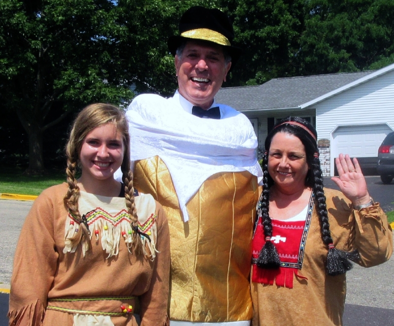 Costume Clue: Joe dressed as a beer mug and Allison and Mary dressed as Native American Maidens