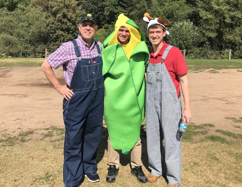 Costume Clue: Farmers (Joe & JD) and Ear of Corn (Brendan)
