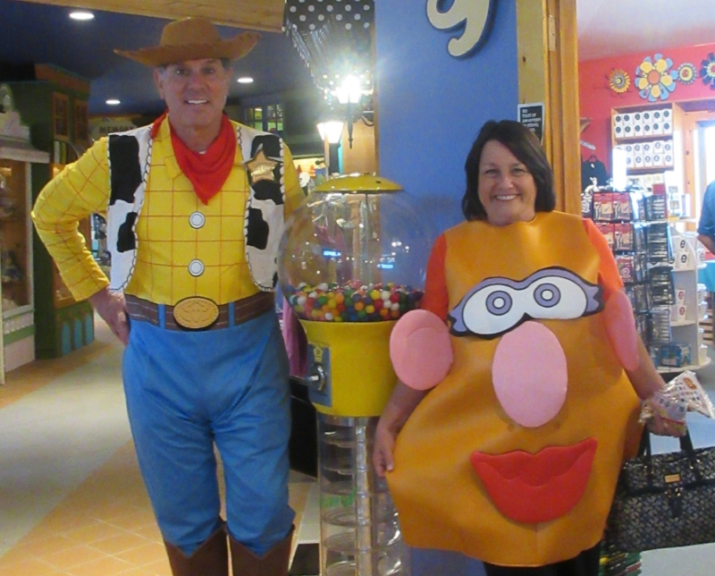 Mary dressed as Mrs. Potato Head and Joe dressed as Woody
