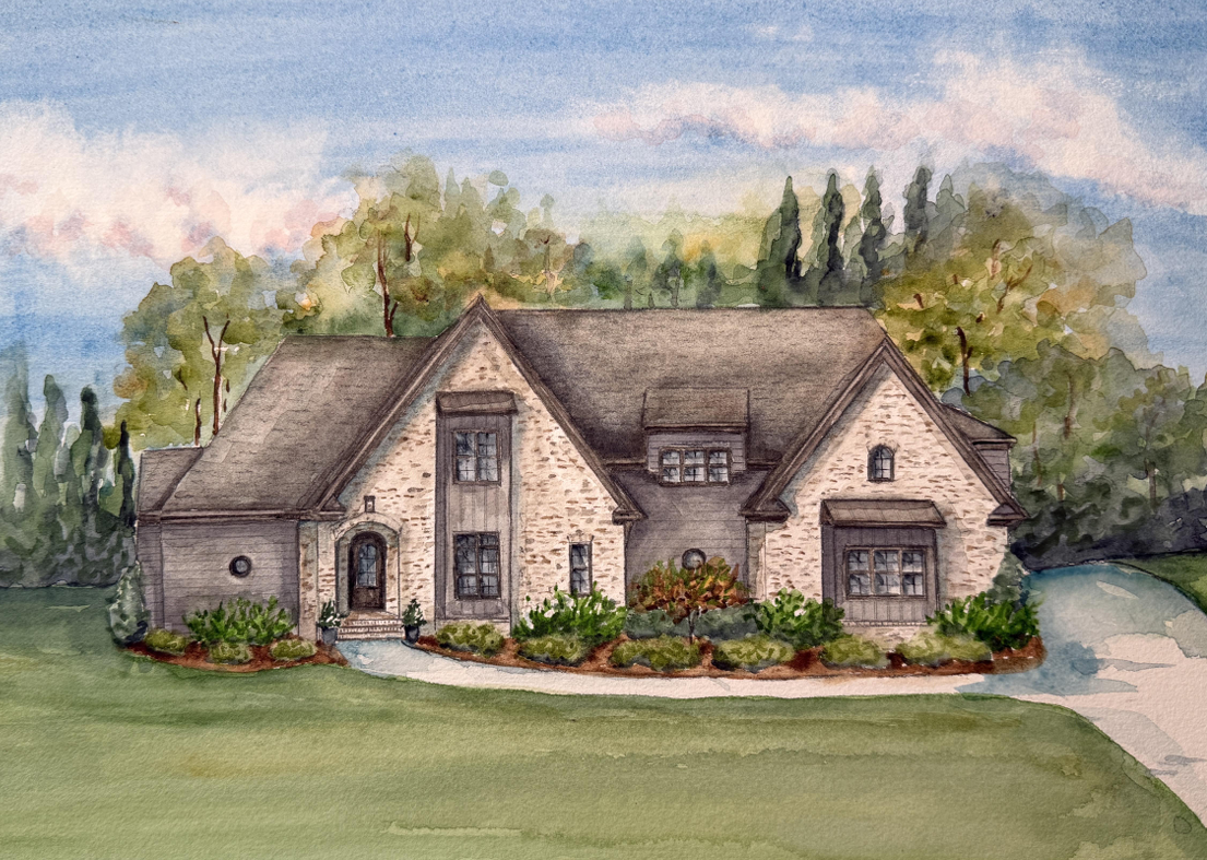 Watercolor painting of a house with a brick and wood exterior, surrounded by green trees and bushes, with a curved driveway in front.