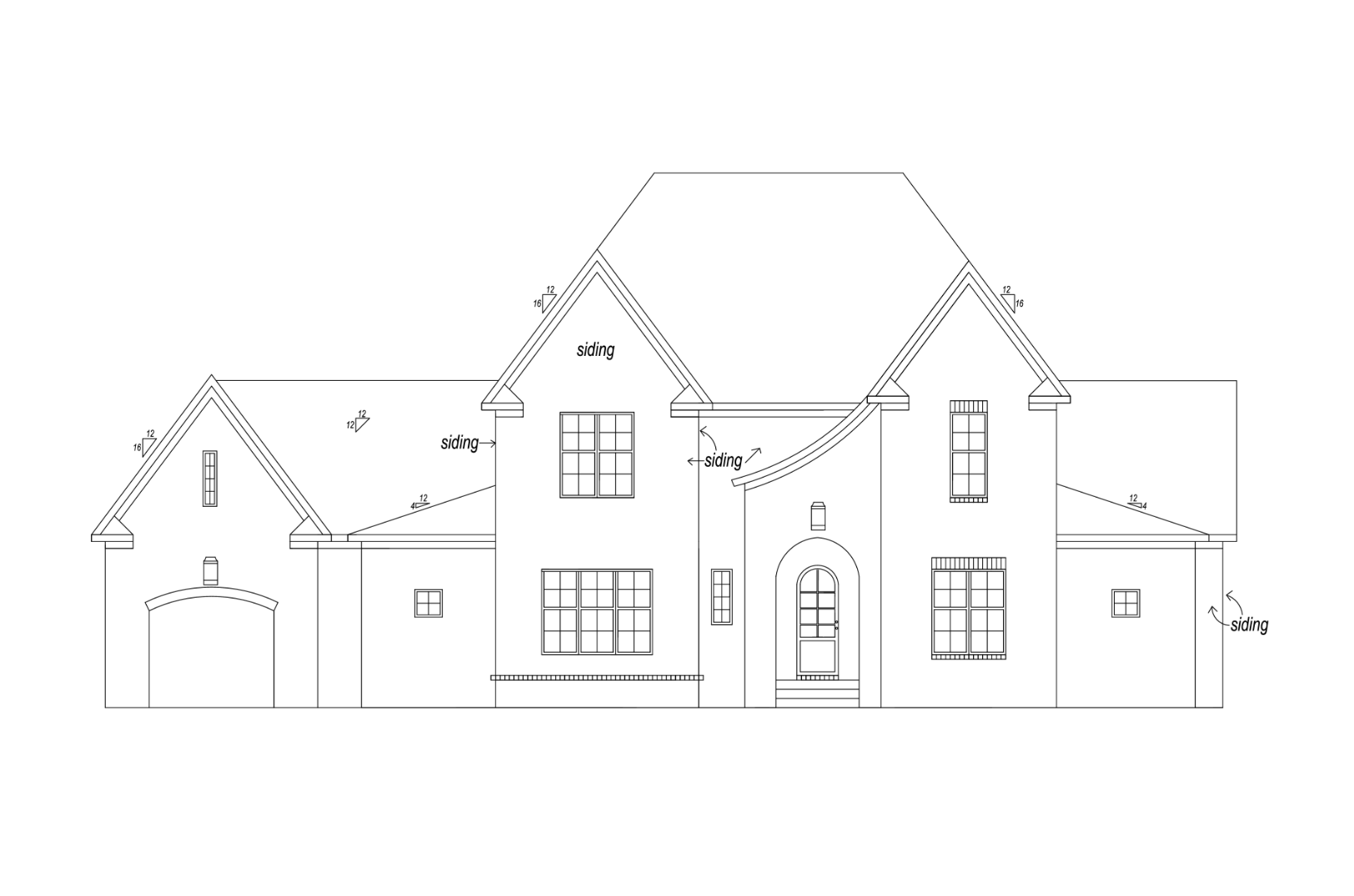 Black and white architectural drawing of a house's front elevation with labeled siding and windows.