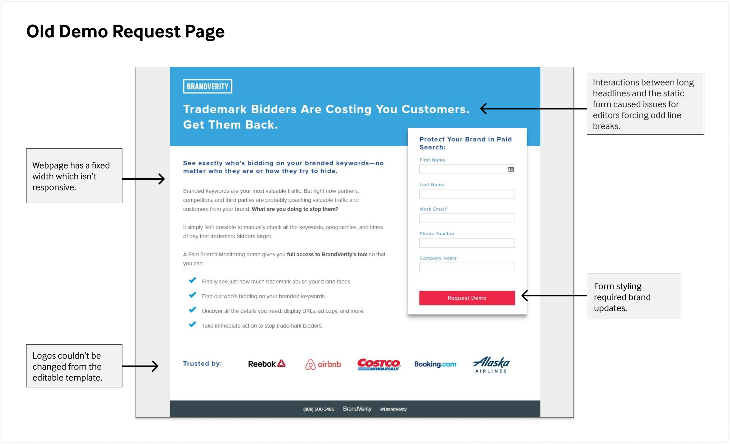 This image points out that the webpage has a fixed width and isn’t responsive, the form components need brand updates, logos couldn’t be changed from the editable template, and interactions between the headline and the form would cause odd line brea…