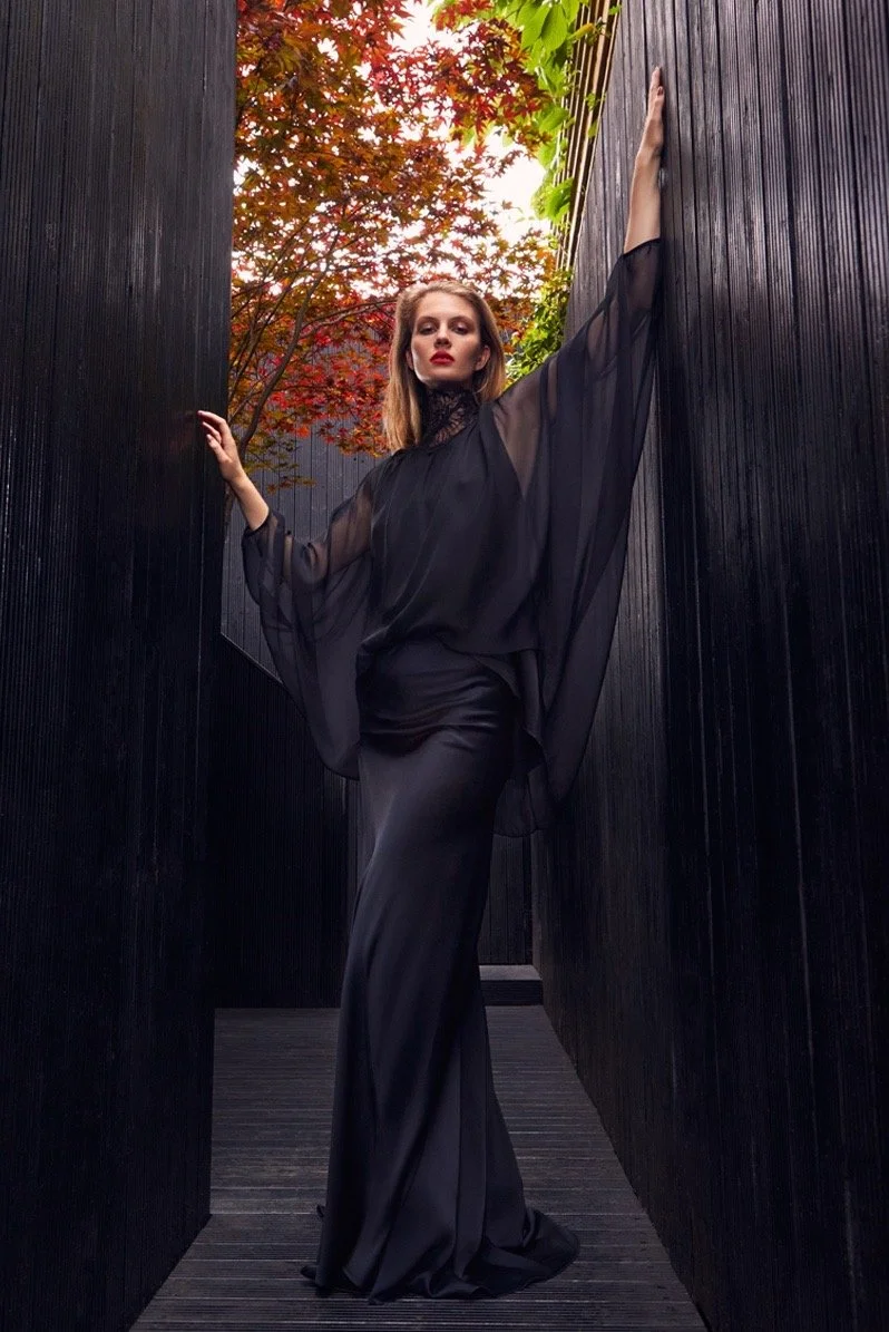 Ostara Chiffon Blouse with Lace Applique and Xylene Long Skirt