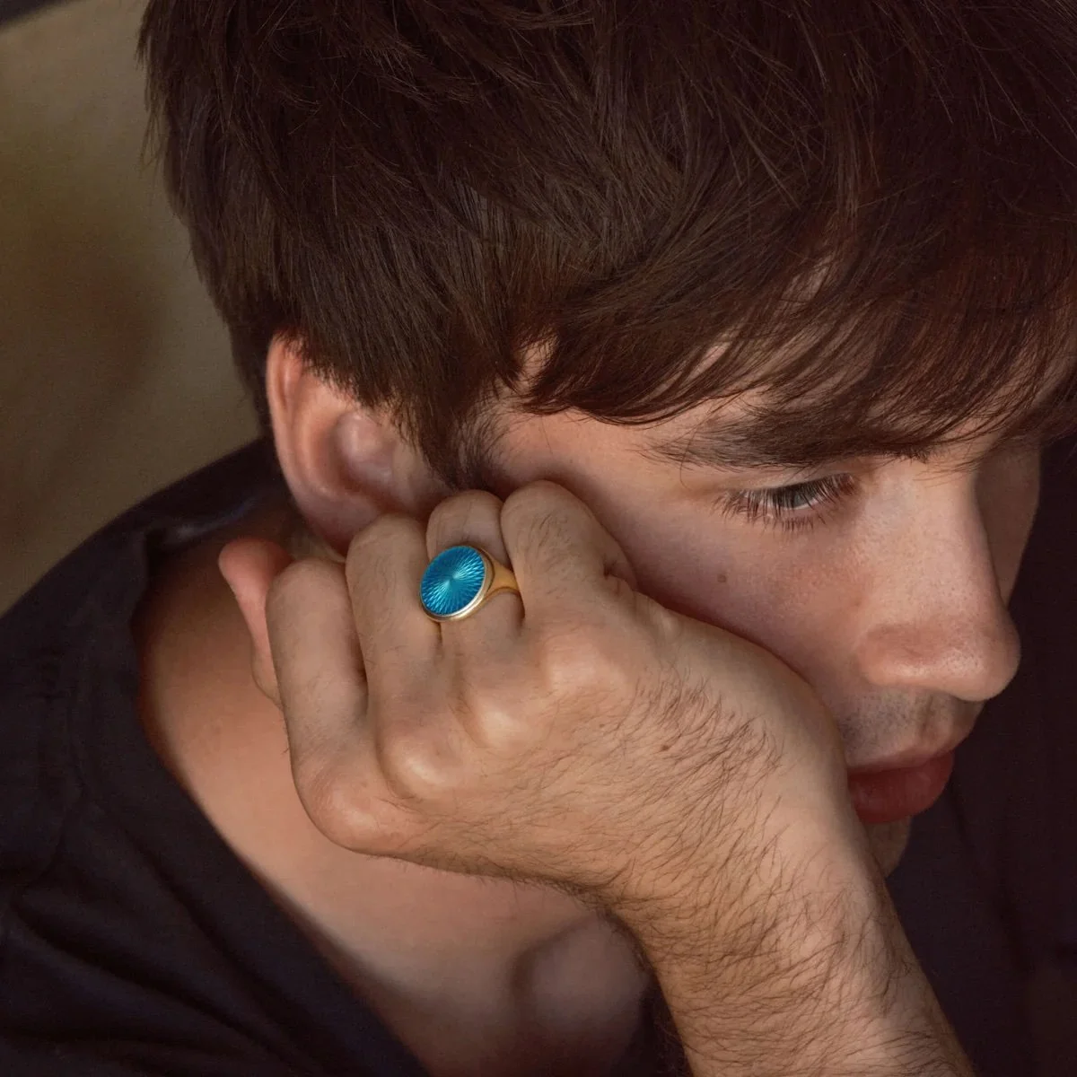 CERULEAN BLUE GLASS ENAMEL GOLD SIGNET RING